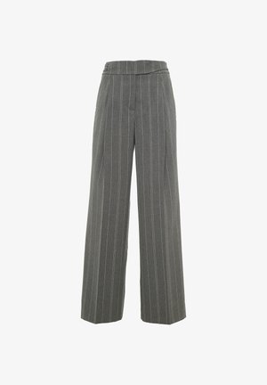 Pantalons gris à jambes larges avec des rayures verticales et une taille haute. Fabriqués dans un tissu texturé, présentant une silhouette ajustée.