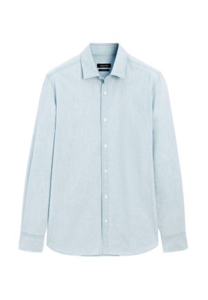 Chemise à manches longues bleu clair, avec un col classique et des boutons blancs, présentée à plat sur un fond blanc.