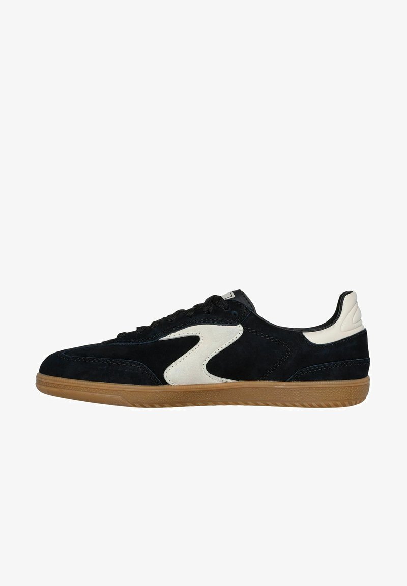 Black suede sneaker with white side accent, black laces, and a gum sole. Features streamlined design and textured upper.