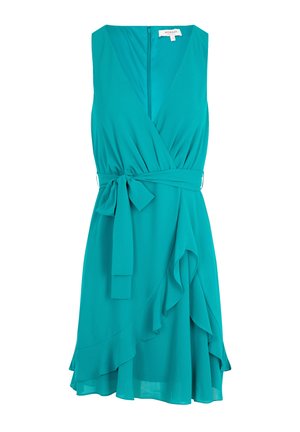 Tee-farbendes Wickelkleid mit tiefem V-Ausschnitt, weichem Stoff, Taillengurt und mehrlagigem Rüschensaum. Verfügt über einen Reißverschluss auf der Rückseite.