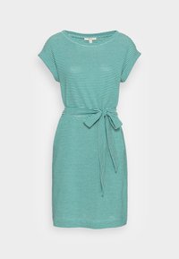 Raidallinen minimekko turkoosi ja valkoinen, jossa on lyhyet hihat, pyöreä pääntie ja sidottava vyö vyötäröllä, joka tuo istuvan siluetin.