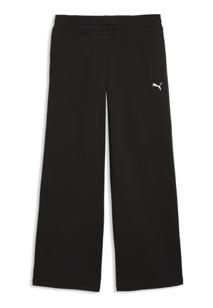Pantalón negro de pierna ancha con cintura elástica y un pequeño logotipo blanco de Puma en la parte superior del muslo izquierdo. Sin bolsillos ni cordón visibles.