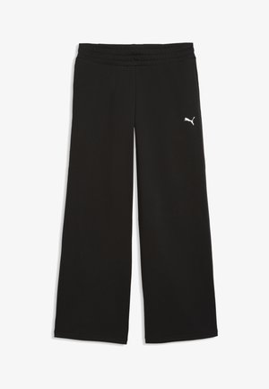 Pantalón negro de pierna ancha con cintura elástica y un pequeño logotipo blanco de Puma en la parte superior del muslo izquierdo. Sin bolsillos ni cordón visibles.