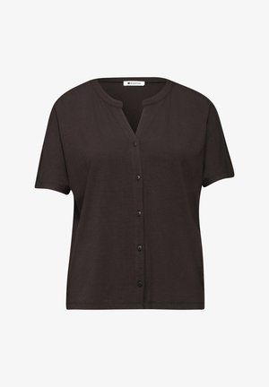 Blouse à manches courtes marron foncé avec boutons, col rond et petite encoche en forme de V au centre devant.
