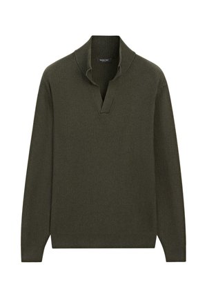 Dark olive green ribbed knit sweater with long sleeves and a deep V-neck collar by Massimo Dutti.