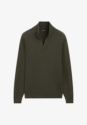 Dunkelolivgrüner, gerippter Strickpullover mit langen Ärmeln und tiefem V-Ausschnitt von Massimo Dutti.