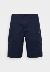Námořnické modré cargo šortky s předním knoflíkem a zipem, šlemi na opasek a klopovými kapsami na obou stehnech.