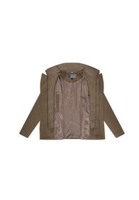 Brun, vadderad jacka med ett avtagbart innerskikt, med en slät beige foder, dragkedjefickor och hög krage.