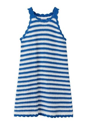 Abito senza maniche in maglia con righe orizzontali blu e bianche e bordi smerlati sullo scollo, sulle aperture delle maniche e sull'orlo.
