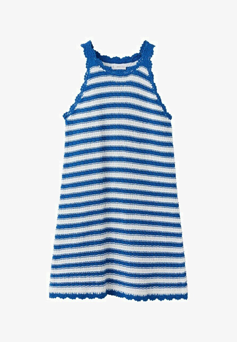 Robe tricotée sans manches avec des rayures horizontales bleu et blanc et des bords festonnés au niveau de l'encolure, des emmanchures et de l'ourlet.