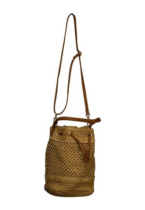 Sac bourse marron tissé avec bandoulière en cuir réglable et fermeture à cordon.