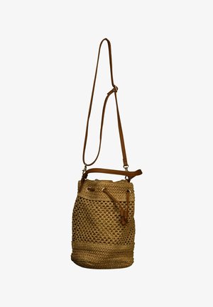 Sac bourse marron tissé avec bandoulière en cuir réglable et fermeture à cordon.