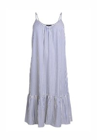 Gestreiftes ärmelloses Kleid in Blau und Weiß, mit gerafftem Ausschnitt und einem ausgestellten, geschichteten Saum für zusätzliches Volumen. Leichtes Material.