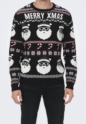 Schwarzer Weihnachtspullover mit der Aufschrift "MERRY XMAS", Santa-Gesichtern mit Sonnenbrillen und Hüten, Zuckerstangen und Schneeflockenmustern.