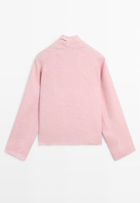 Zacht roze top met lange mouwen en een coltrui met een gestructureerde kraag en rechte zoom, van achteren getoond op een effen witte achtergrond.