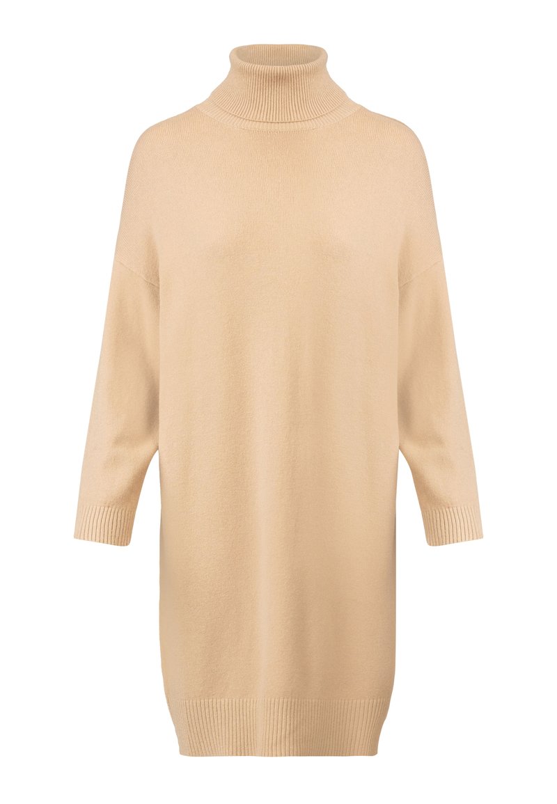 Beige Rollkragenpullover aus weichem Stoff, mit lockerer Passform, Dreiviertelarmen und gerippten Akzenten am Kragen und Saum.