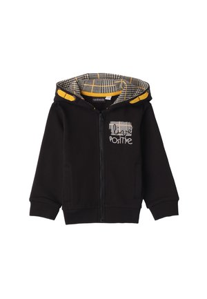 Felpa nera con zip e dettagli gialli, foderata con motivo houndstooth nella cappuccio e occhiali "Positive" ricamati sul davanti. Materiale in cotone morbido.