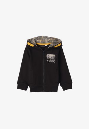 Felpa nera con zip e dettagli gialli, foderata con motivo houndstooth nella cappuccio e occhiali "Positive" ricamati sul davanti. Materiale in cotone morbido.