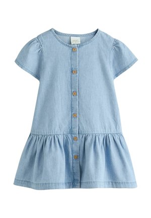 Light blue short-sleeve denim dress for girls with round neckline, wooden buttons down the front, and gathered skirt detail.
