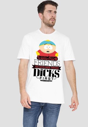 White cotton t-shirt featuring a printed graphic of a cartoon character with blue hat and red shirt, accented by bold black text.