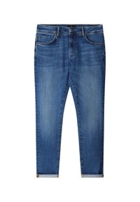 Vaqueros de denim azul con un corte slim, cinco bolsillos y dobladillos enrollados. La tela tiene una textura ligeramente desgastada y costuras en contraste.