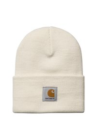 Berretto lavorato a maglia color crema con risvolto che presenta un logo a patch quadrato in giallo senape e grigio.