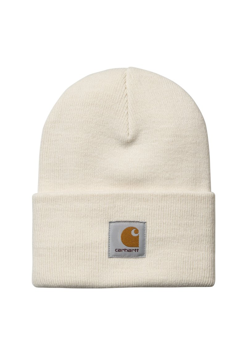 Berretto lavorato a maglia color crema con risvolto che presenta un logo a patch quadrato in giallo senape e grigio.