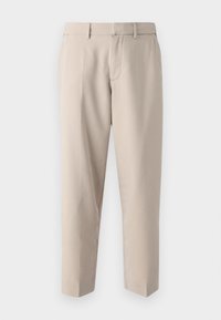 Pantaloni beige chiaro a taglio dritto, realizzati in tessuto liscio. Presentano una parte anteriore piatta, tasche laterali e passanti per cintura.