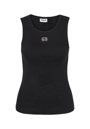 Top nero senza maniche a coste con scollo tondo e piccolo logo quadrato bianco ricamato al centro del petto.