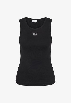 Top nero senza maniche a coste con scollo tondo e piccolo logo quadrato bianco ricamato al centro del petto.