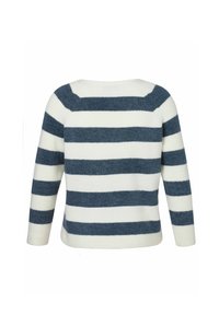 Gestreifter Pullover mit breiten dunkelblauen und weißen Streifen, aus weicher Wolle, mit rundem Ausschnitt und langen Ärmeln.