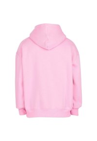 Hellrosa übergroßer Kapuzenpullover von hinten gezeigt, mit Kapuze, langen Ärmeln und gerippten Bündchen und Saum auf weißem Hintergrund.