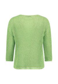 Hellgrüner Strickpullover mit lockerer Passform, Dreiviertelärmeln und einem strukturierten Muster. Das Rückendesign ist glatt und einfach.