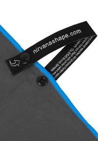 Gray fabric product with blue stitching. Features a black label with white text and a snap button detail near the edge.
