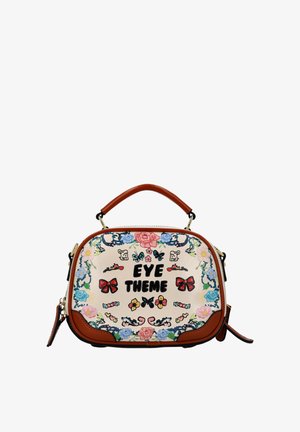 Kleine rechthoekige handtas met bruine leren randen en handvat, voorzien van kleurrijke illustraties van bloemen, vlinders en honden, en de tekst "EYE THEME".