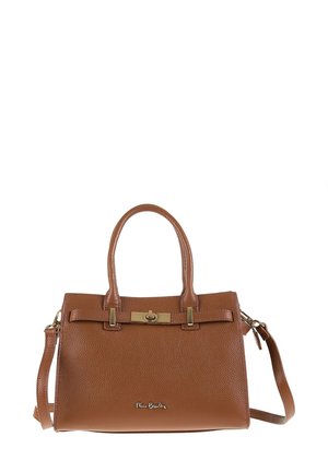 Sac à main en cuir texturé brun avec deux poignées, une bandoulière amovible, une fermeture à tourniquet en ton doré et une petite plaque de logo à l'avant.