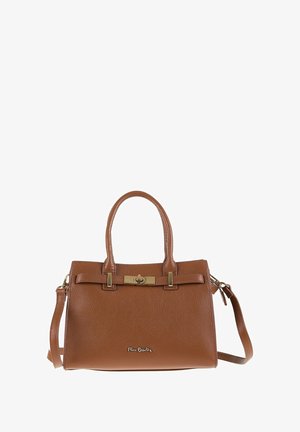 Braune, strukturierte Lederhandtasche mit zwei Griffen, einem abnehmbaren Schultergurt, goldfarbenem Drehverschluss und einem kleinen Logo-Plakette auf der Vorderseite.