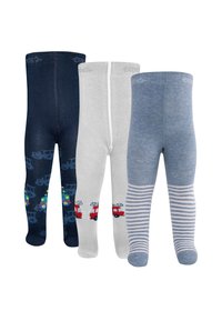 Drei Paar Kinderstrumpfhosen: navy mit Auto-Print, hellgrau mit Feuerwehr-Motiv und blau gestreift. Weicher, elastischer und bequemer Stoff.
