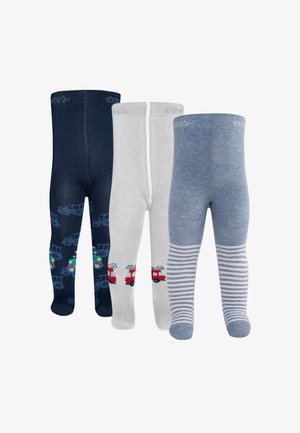 Three pairs of children's tights: navy with car print, light gray with fire truck design, and blue striped. Soft, stretchy, and comfortable fabric.