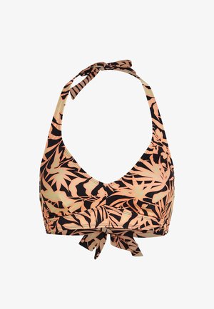 Haut de bikini dos nu avec motif de feuilles tropicales orange et noir, fermetures à nouer au cou et dans le dos.