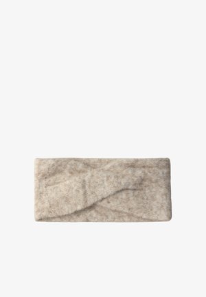 Beige knitted headband with a twisted knot design and soft textured fabric, suitable for cold weather wear.