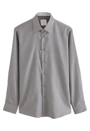 Long-sleeve, slim-fit gray dress shirt with subtle geometric pattern, buttoned front, and pointed collar, hanging against white background.
