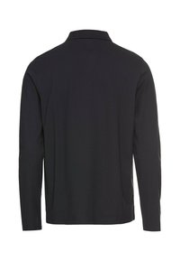 Sort langærmet polo-shirt med krave, lavet af et glat stof, med et enkelt design uden synlige mønstre eller accenter.