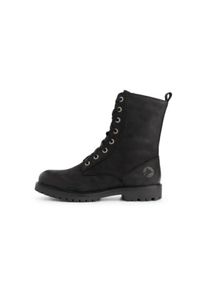 Black lace-up ankle boots made of textured leather, featuring metal eyelets, a round toe, and a rubber treaded sole with a logo accent.