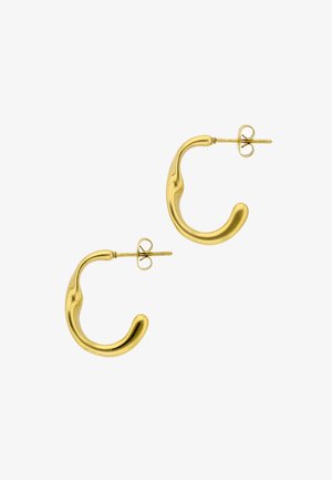 Goudkleurige kleine oorringen met een onregelmatig gebogen ontwerp en een sluiting met een steker op een witte achtergrond.
