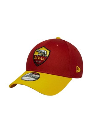Cappellino da baseball rosso e giallo regolabile con il logo del club calcistico AS Roma che presenta la lupa e i gemelli davanti.