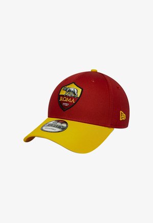 Cappellino da baseball rosso e giallo regolabile con il logo del club calcistico AS Roma che presenta la lupa e i gemelli davanti.