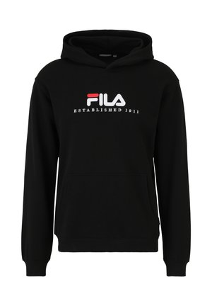 Zwarte hoodie van katoen met een voorzak, voorzien van het witte en rode "FILA" logo en de tekst "ESTABLISHED 1911". Standaard pasvorm, met trekkoordcapuchon.