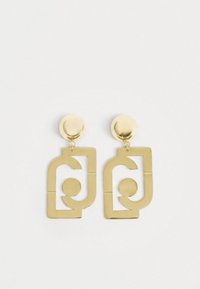 Χρυσά γεωμετρικά σκουλαρίκια με κυκλικές στήριγες και αφηρημένο ορθογώνιο σχέδιο με μια μικρή στρογγυλή λεπτομέρεια στις άσπρες αποχρώσεις.