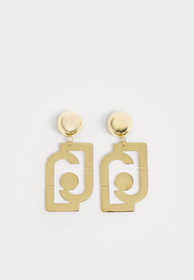 Χρυσά γεωμετρικά σκουλαρίκια με κυκλικές στήριγες και αφηρημένο ορθογώνιο σχέδιο με μια μικρή στρογγυλή λεπτομέρεια στις άσπρες αποχρώσεις.